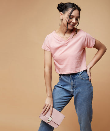Chimpaaanzee Women Cut Out Neck Crop Top Pink