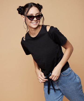 Chimpaaanzee Women Cut Out Neck Front Knot Top Black