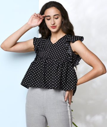 Chimpaaanzee Women Black Polka Doted Crepe Ruffled Top
