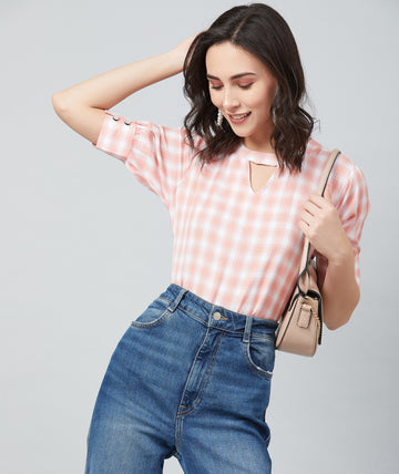 Chimpaaanzee Women Pink and White Checks Boxy Top