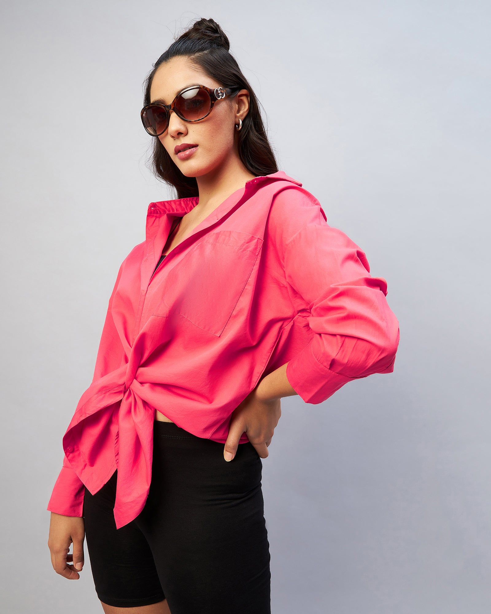 Chimpaaanzee Women Cotton Dark Pink Solid Oversize Fit Shirt