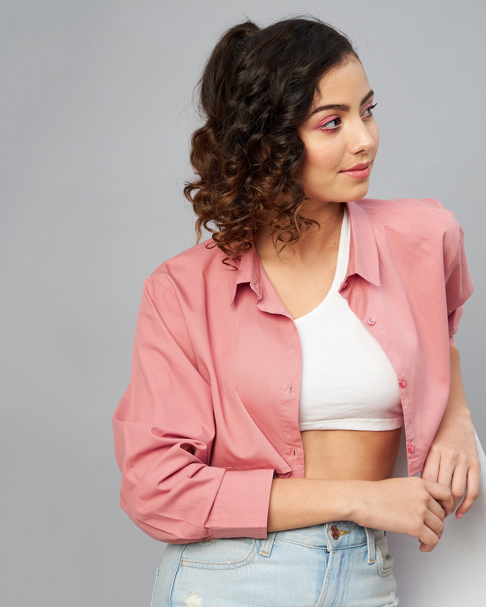 Chimpaaanzee Women Cotton Pink Solid Fully Cropped Shirt