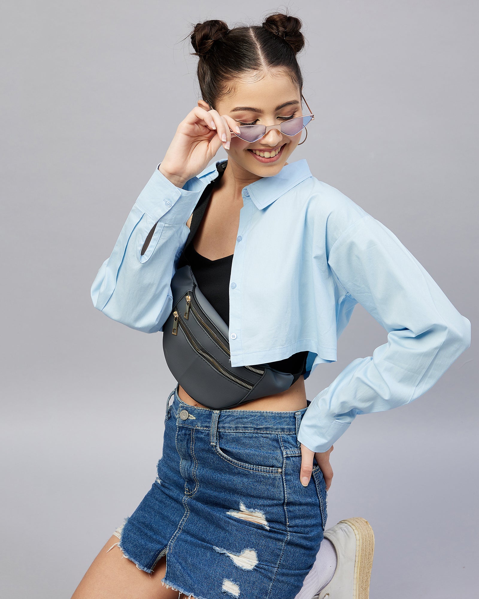 Chimpaaanzee Women Cotton Skyblue Solid Fully Crop Shirt
