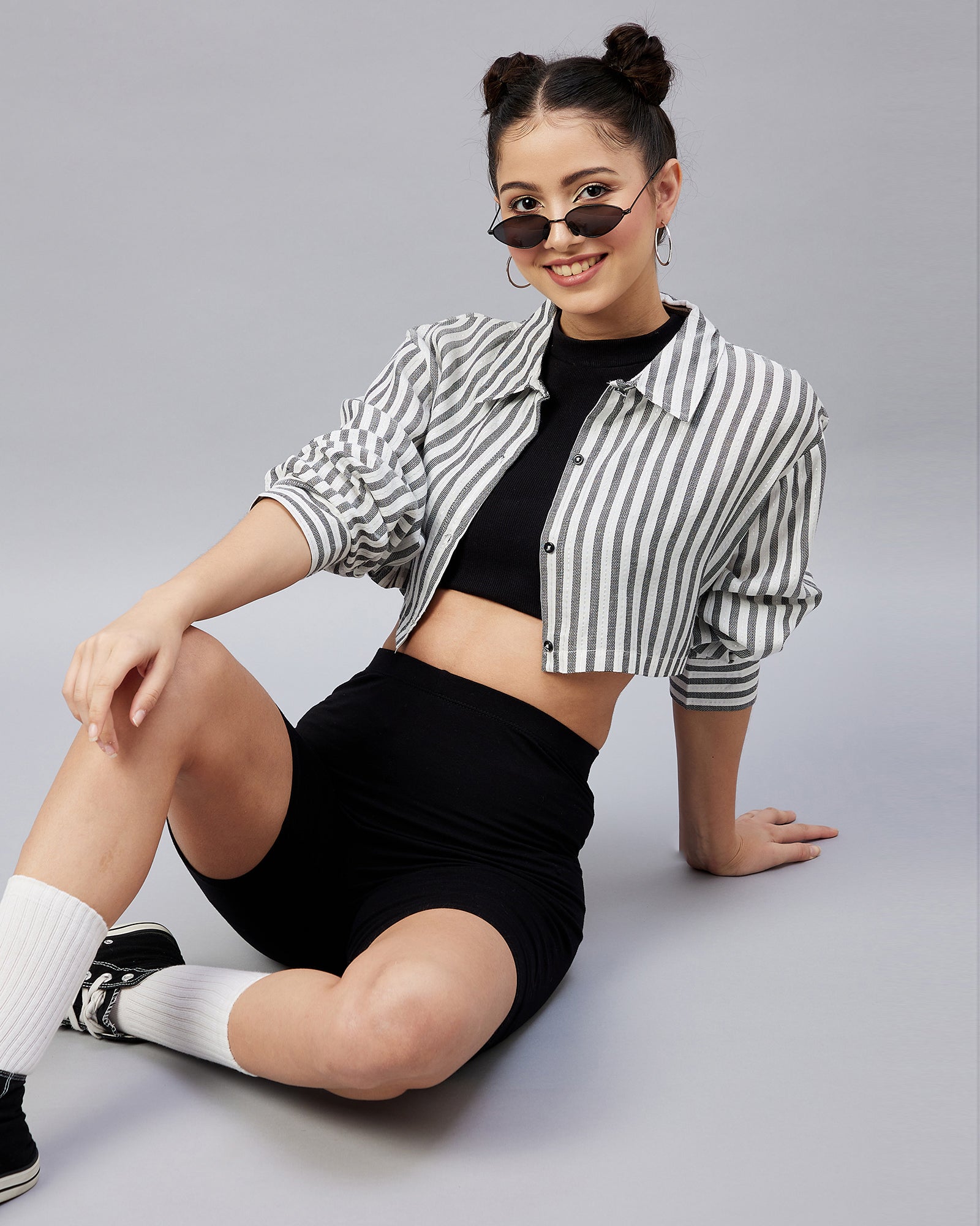 Chimpaaanzee Women Viscose Black & White Striped Fully Crop Shirt