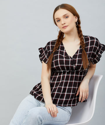 Chimpaaanzee Women Black and Red Checks Viscose Peplum Top