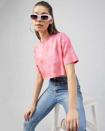 Chimpaaanzee Women Cotton Tie Dye Pink loose Fit Crop T-shirt