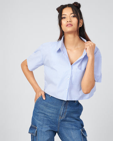 Chimpaaanzee Women Viscose Blue Checkered Short Sleeve Crop Shirt