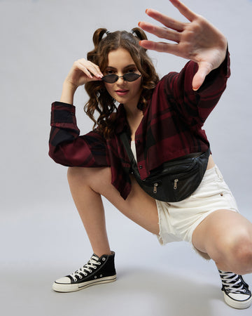 Chimpaaanzee Women Viscose Maroon & Black Checkered Fully Cropped Shirt