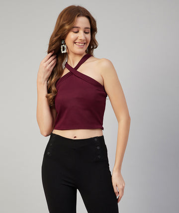 Chimpaaanzee Women Maroon Solid Cross Neck Crop Top