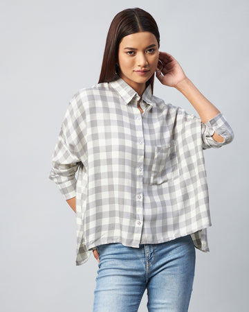 Chimpaaanzee Women Viscose Grey & White Checkered Oversized Fit Shirt
