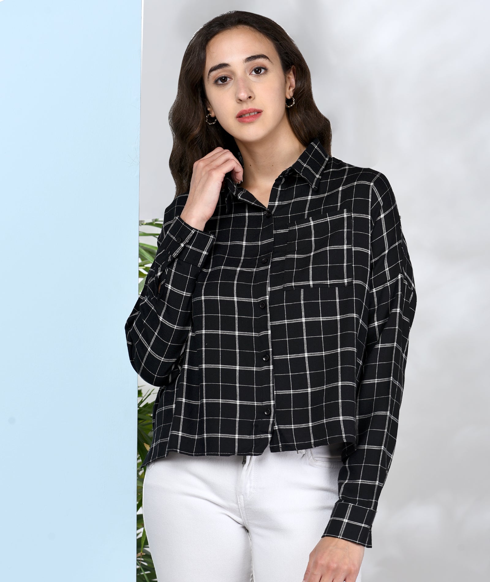 Chimpaaanzee Women Black Viscose Oversized Checkered Shirt