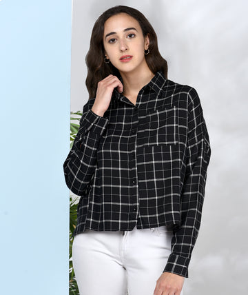 Chimpaaanzee Women Black Viscose Oversized Checkered Shirt
