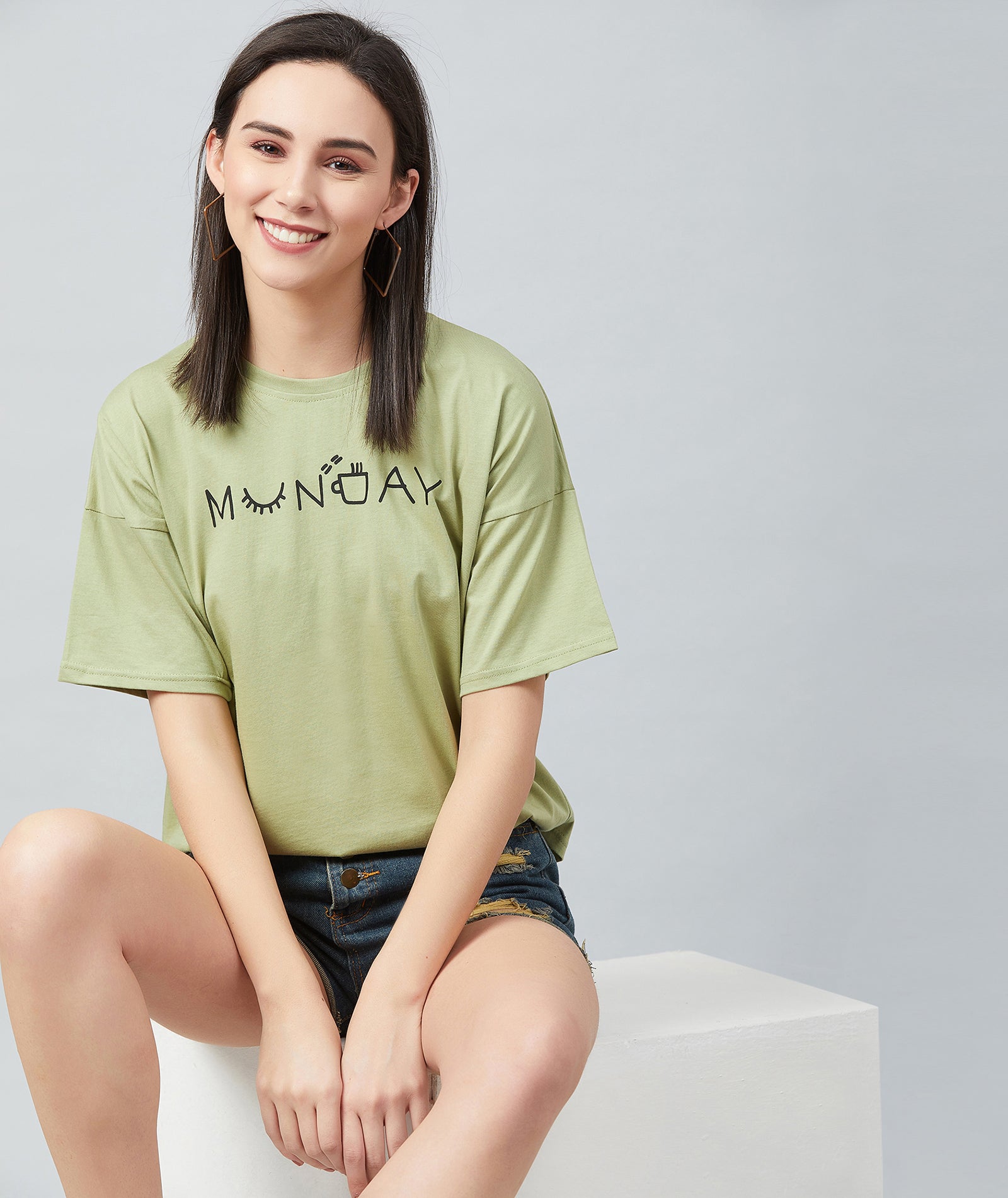 Chimpaaanzee Women Olive Green Big Shoulder Half Sleeve T-shirt