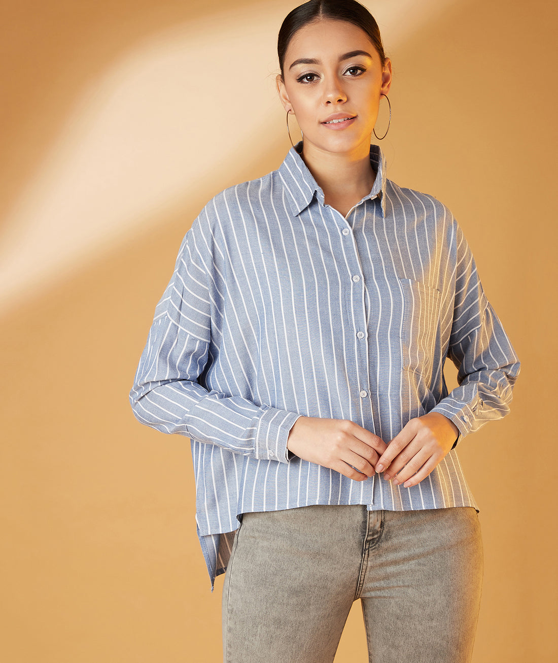 Chimpaaanzee Women Viscose Striped Loose Fit Navy Blue Shirt