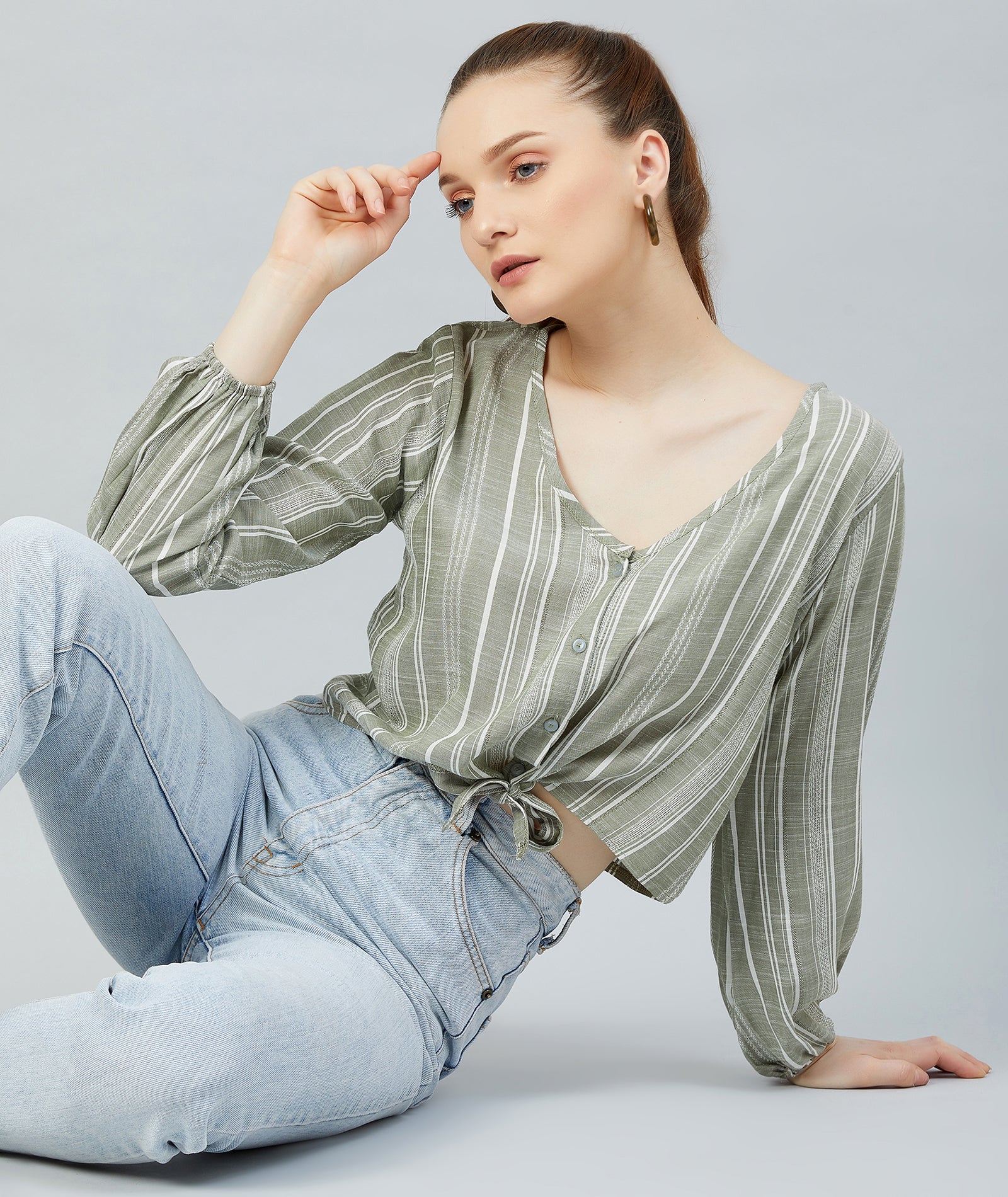Chimpaaanzee Women Green Striped Viscose Knotted Top