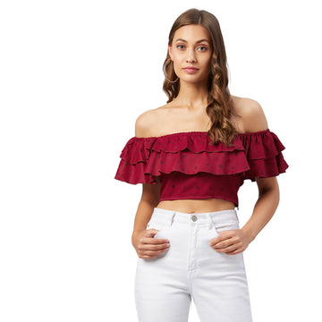 Chimpaaanzee Women Maroon Doted Ruffled Crop Top