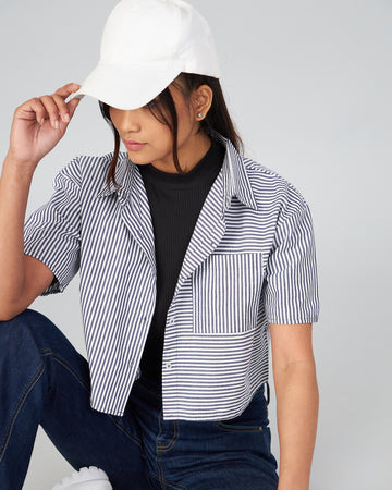 Chimpaaanzee Women Viscose Black & White Striped Short Sleeve Crop Shirt