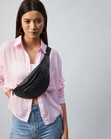 Chimpaaanzee Women Viscose Pink & White Striped Oversized Fit Shirt