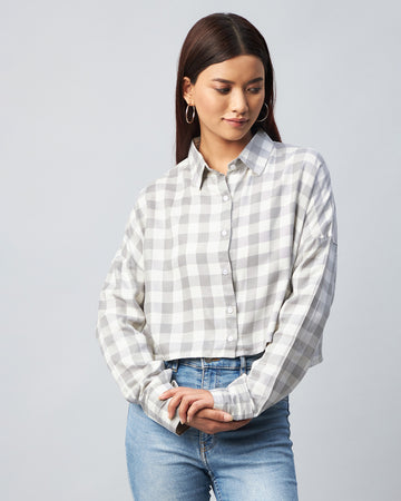 Chimpaaanzee Women Viscose Grey & White Checkered Full Sleeve Drop Shoulder Shirt