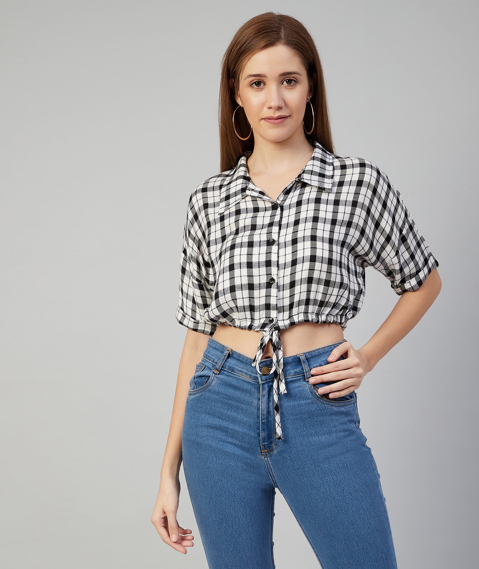 Chimpaaanzee Women Viscose Black and White Checkered Knotted Crop Shirt