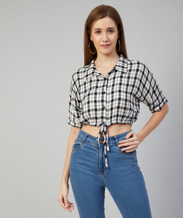 Chimpaaanzee Women Viscose Black and White Checkered Knotted Crop Shirt