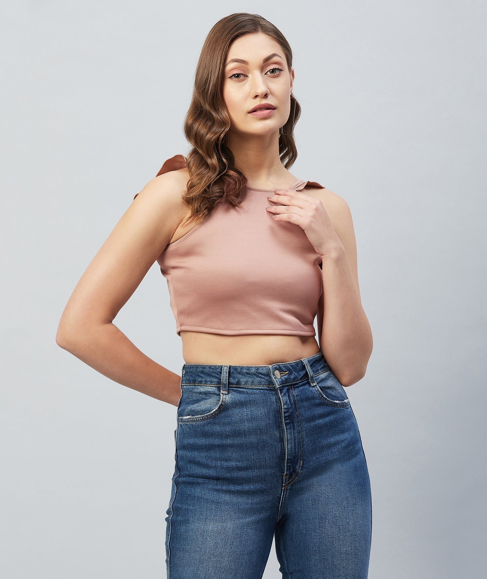 Chimpaaanzee Women Pink Solid Ruffled Strapped Crop