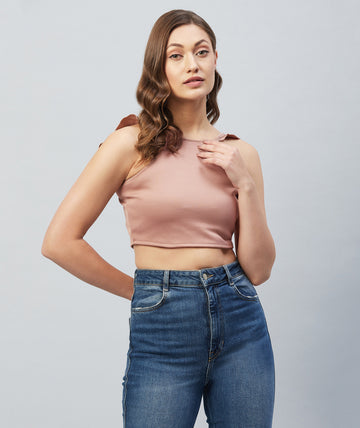 Chimpaaanzee Women Pink Solid Ruffled Strapped Crop