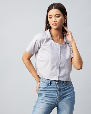 Chimpaaanzee Women Viscose Grey Solid Crop Shirt