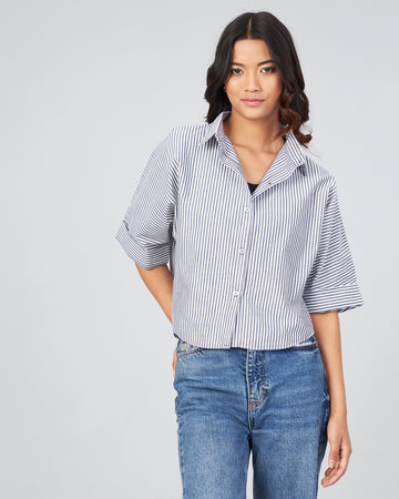 Chimpaaanzee Women Viscose Black & White Striped Crop Shirt