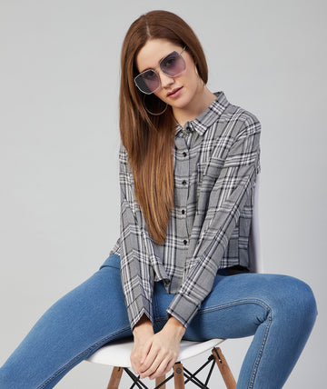 Chimpaaanzee Women Viscose Black and White Checkered Loose Fit Shirt