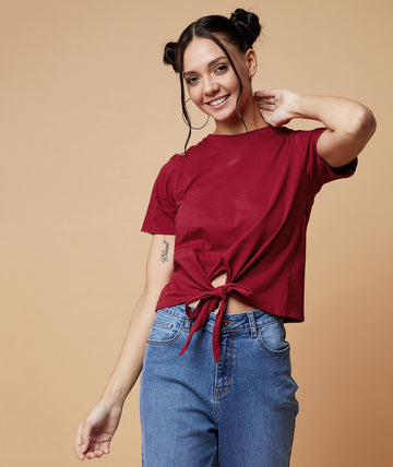 Chimpaaanzee Women Cut Out Neck Front Knot Top Maroon