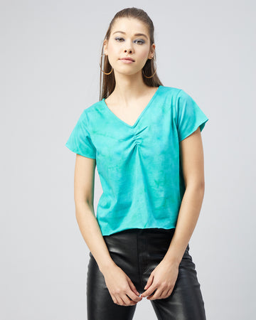 Chimpaaanzee Women Cotton Tie Dye Green V-neck T-shirt