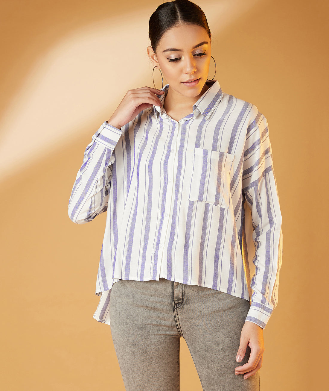 Chimpaaanzee Women Viscose Striped Loose Fit White & Blue Shirt