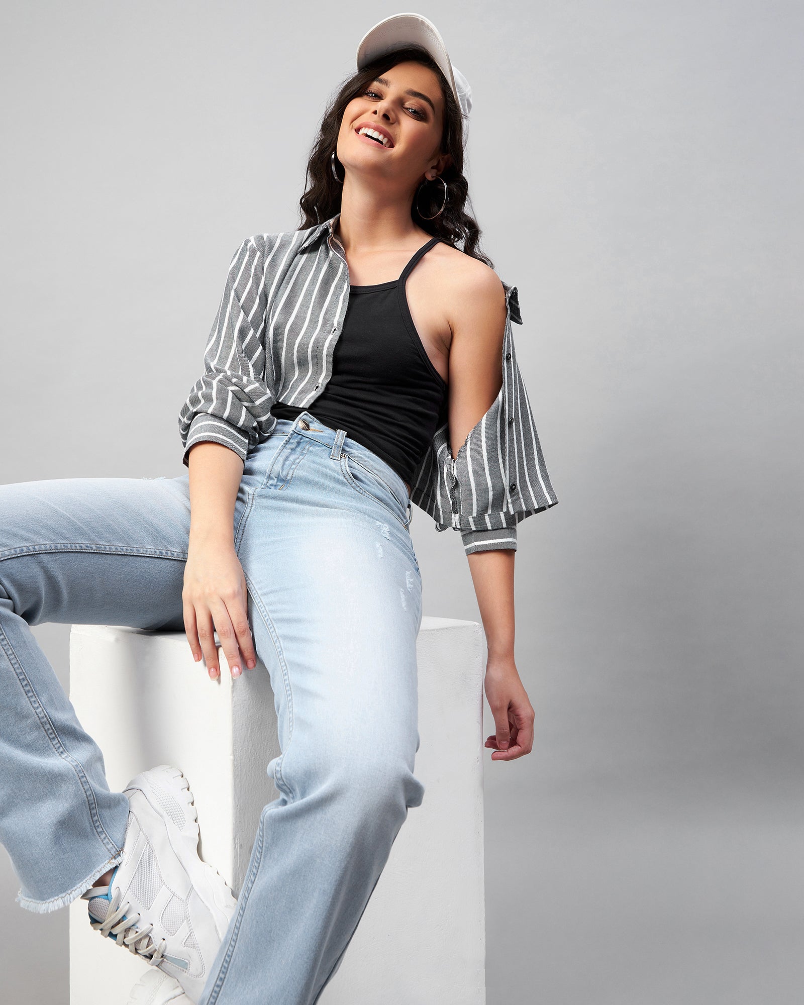 Chimpaaanzee Women Viscose Dark Grey Striped Fully Cropped Shirt