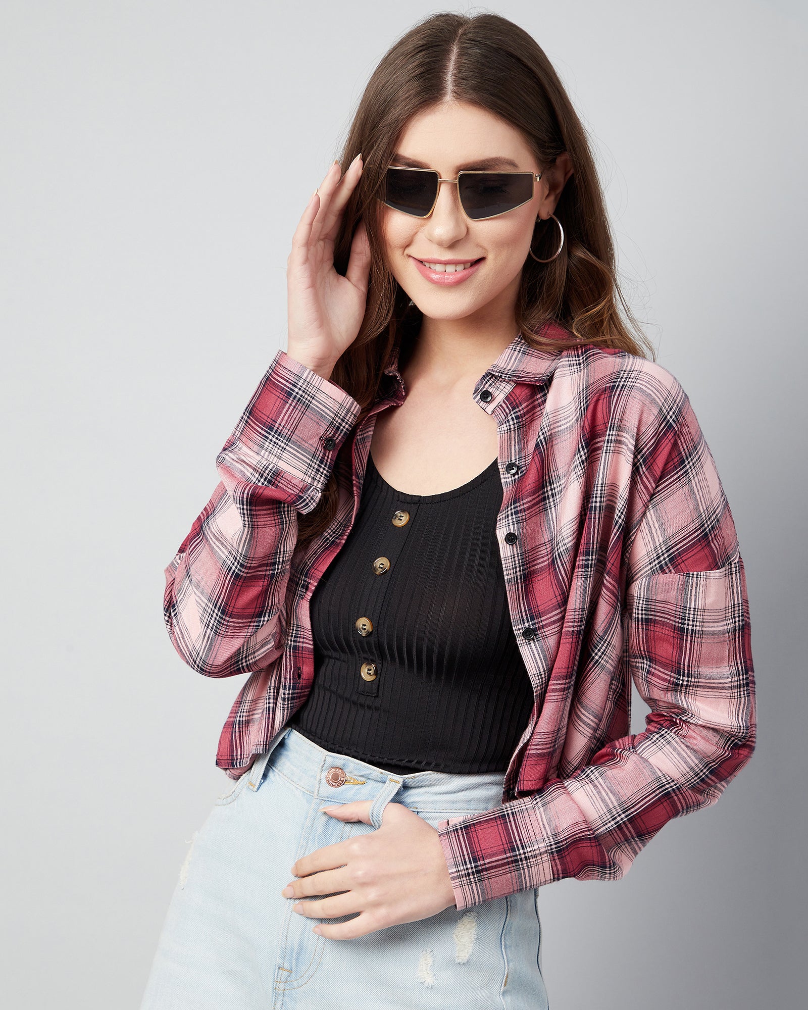 Chimpaaanzee Women Viscose Pink Drop Shoulder Crop Shirt