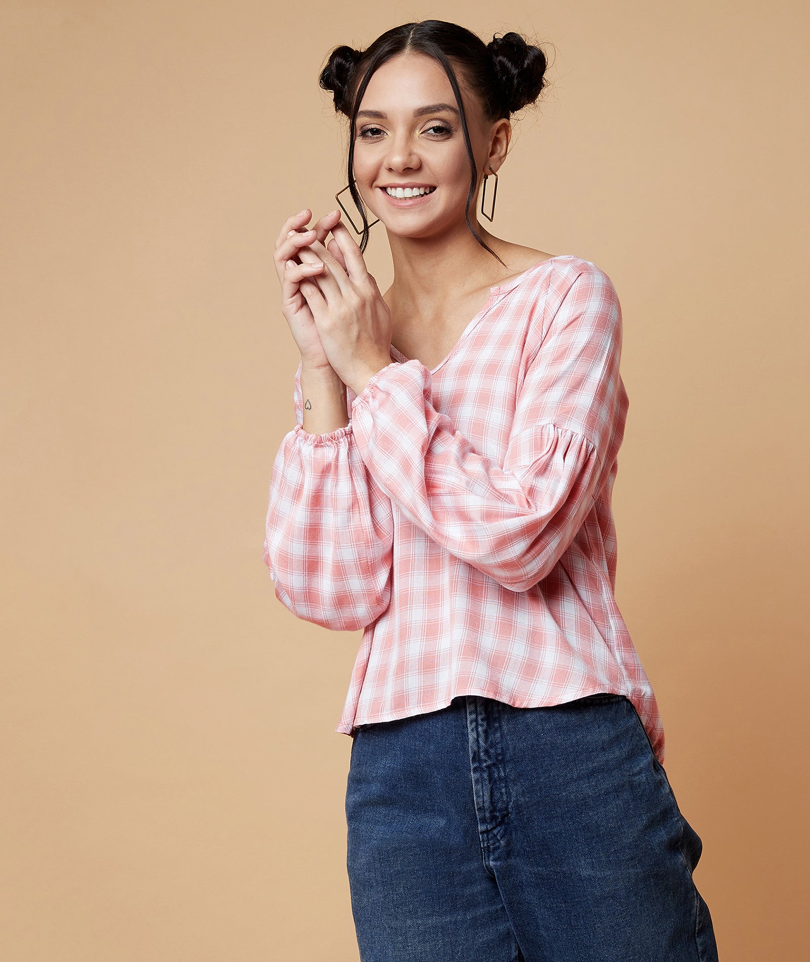 Chimpaaanzee Women V Neck Checkered Regular Top Pink