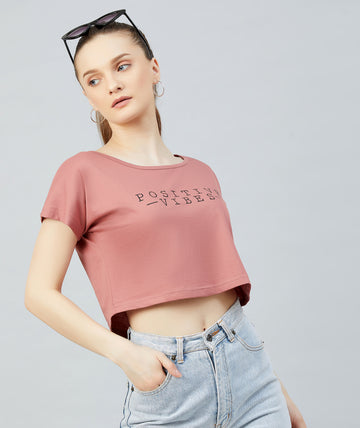 Chimpaaanzee Women Dark Pink Round Neck Crop T-shirt