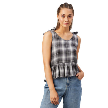 Chimpaaanzee Women Grey Checkered Viscose Ruffled Top