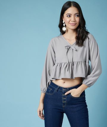 Chimpaaanzee Women Babydoll Cropped Grey Top