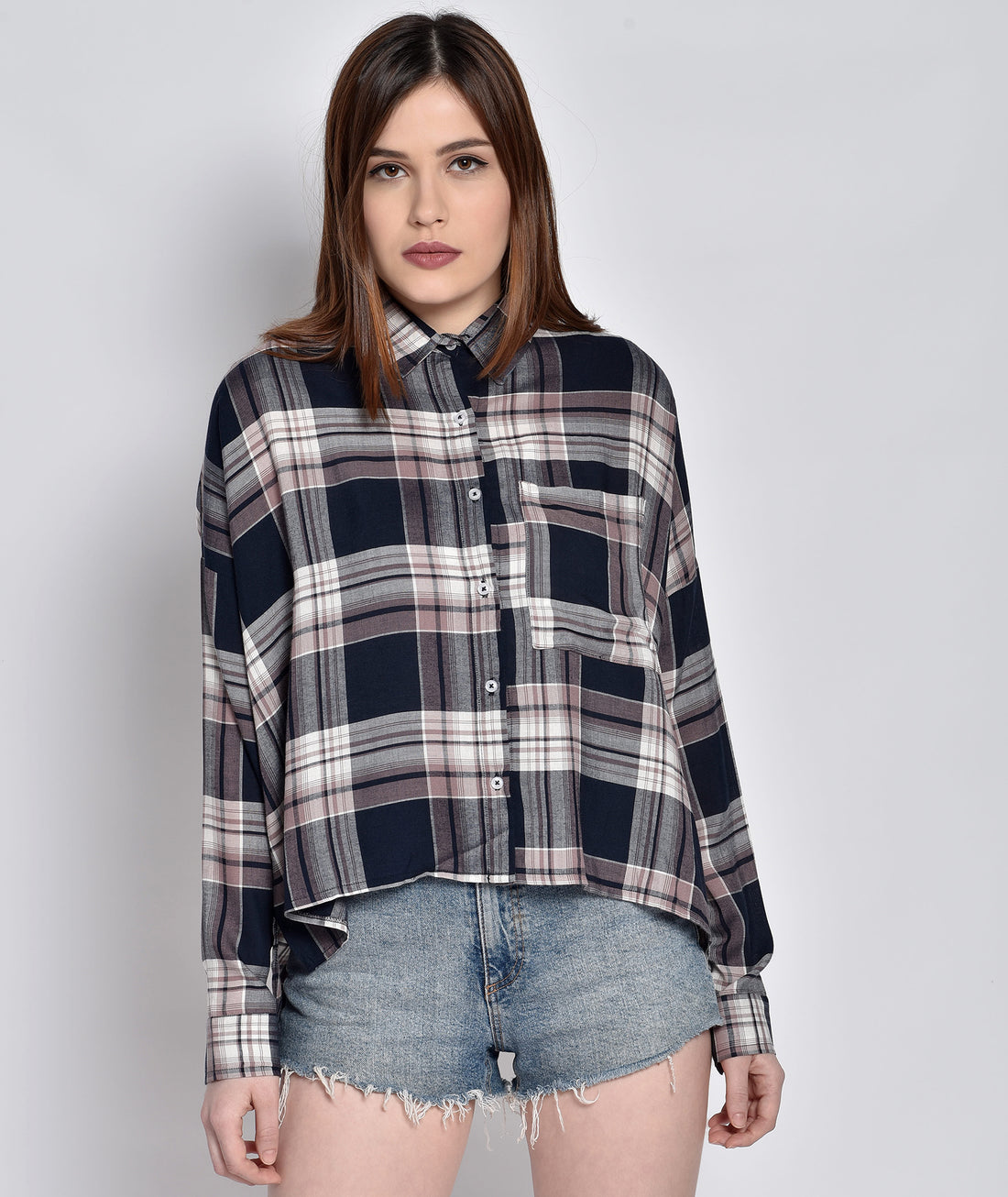 Chimpaaanzee Women Viscose Checkered Loose Fit Dark Blue Shirt