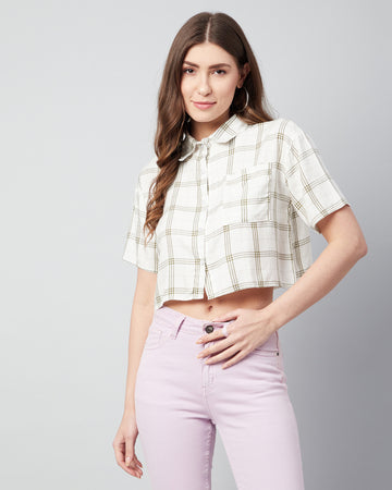 Chimpaaanzee Women Green & White Short Sleeve Crop Shirt