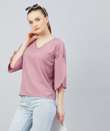 Chimpaaanzee Women Pink Crepe Striped Slit Sleeve Top