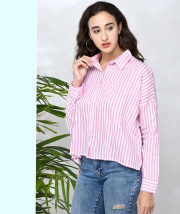 Chimpaaanzee Women Pink Viscose Oversized Striped Shirt