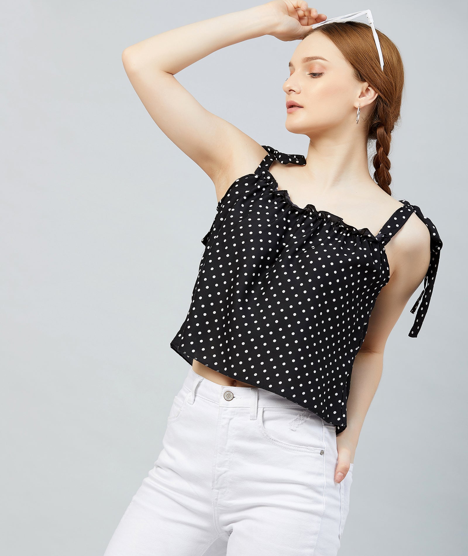 Chimpaaanzee Women Black Polka Doted Crepe Ruffled Top
