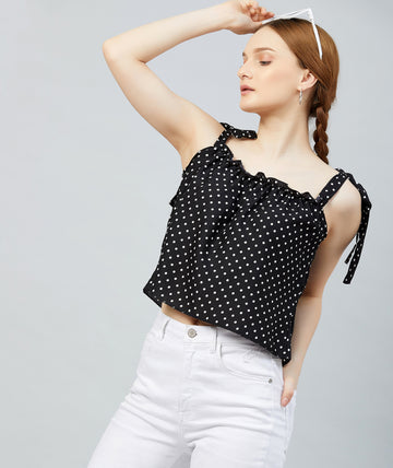 Chimpaaanzee Women Black Polka Doted Crepe Ruffled Top