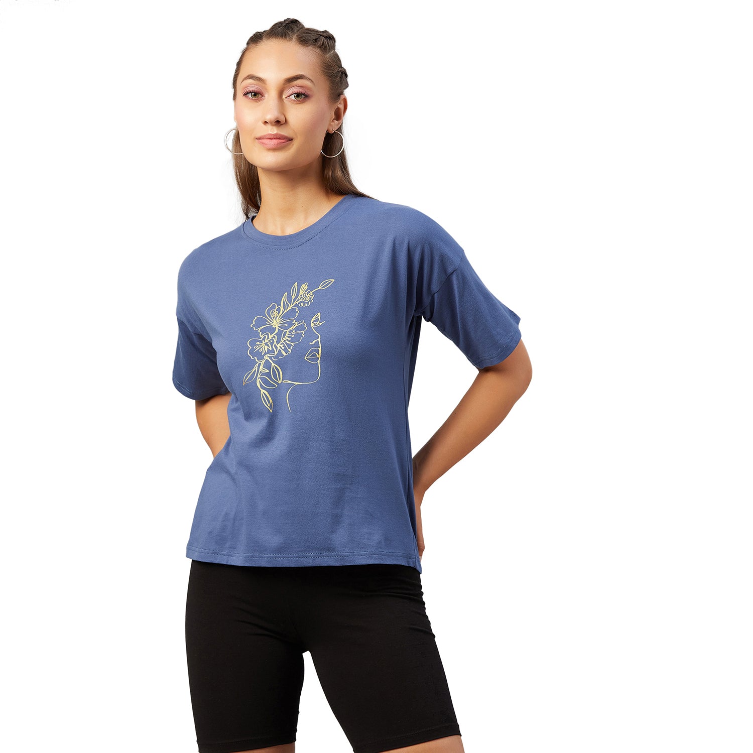 Chimpaaanzee Women Blue Round Neck T-shirt