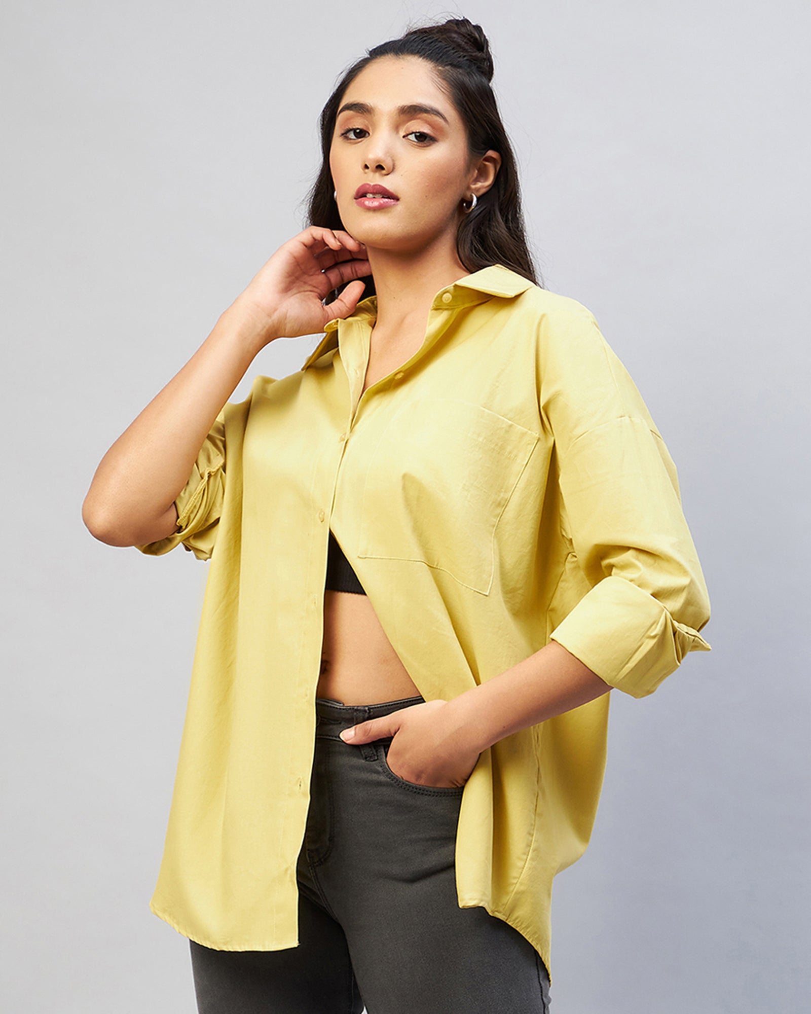 Chimpaaanzee Women Cotton Biscotti Yellow Solid Oversize Fit Shirt