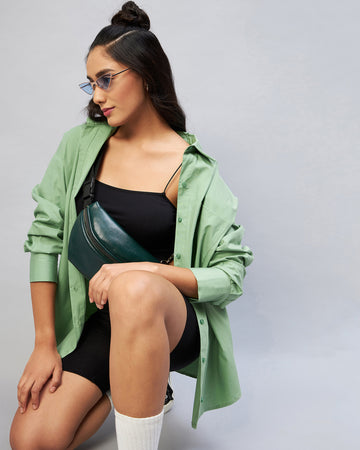 Chimpaaanzee Women Cotton Green Solid Oversize Fit Shirt