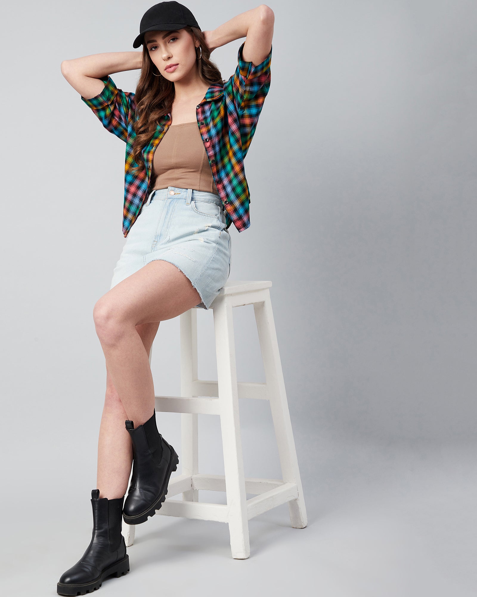 Chimpaaanzee Women Viscose Multicolor Checks Half Sleeve Crop Shirt