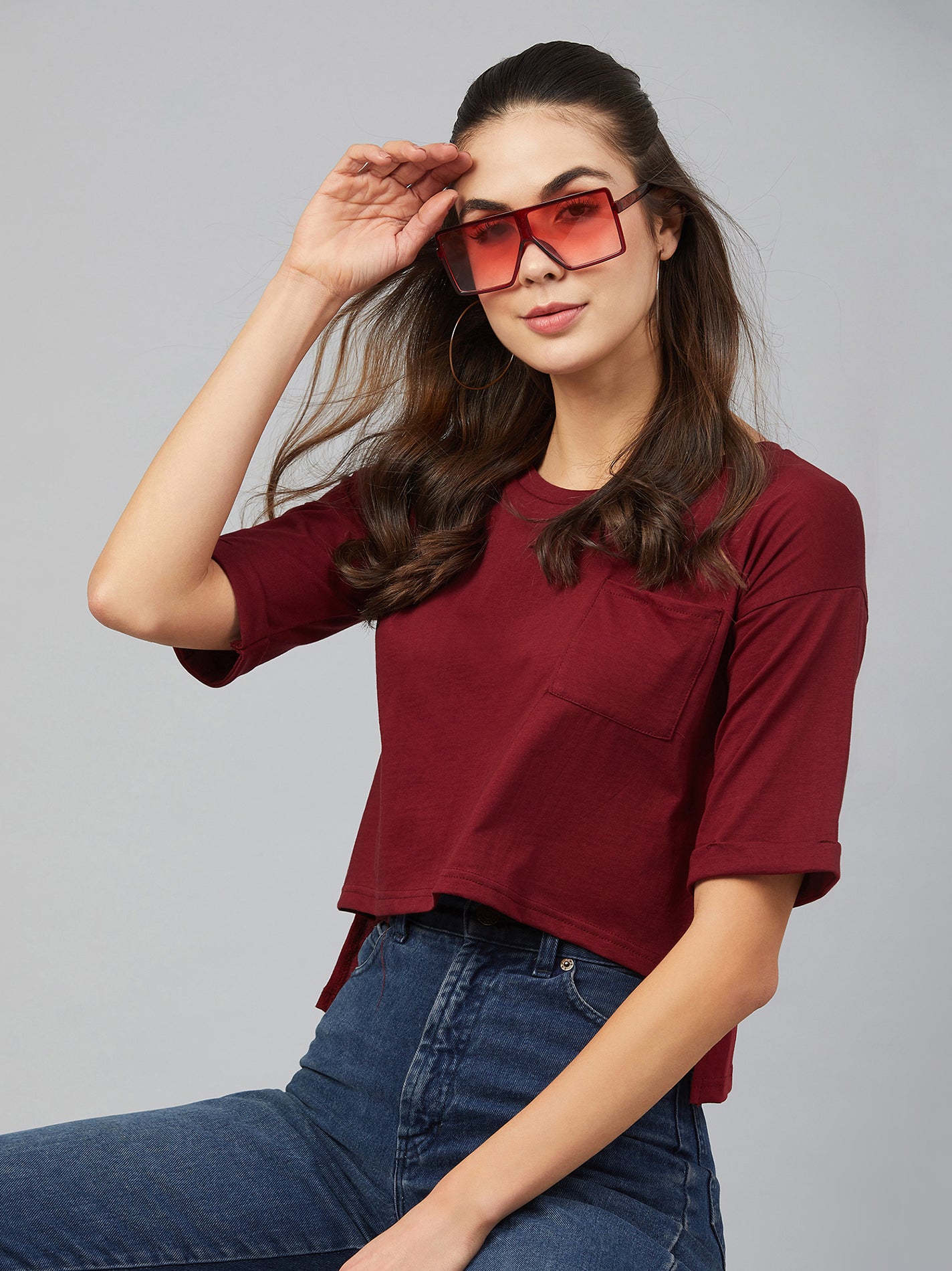 Chimpaaanzee Women Round Neck Assymetrical Crop T-shirt